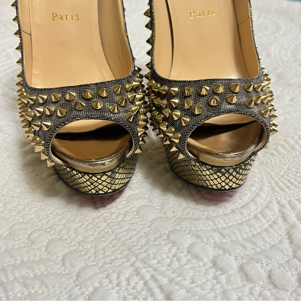 CHRISTIAN LOUBOUTIN Lady Peep Spike 150mm Gold Metallic Strass Rare Size 39 - Picture 5 of 11